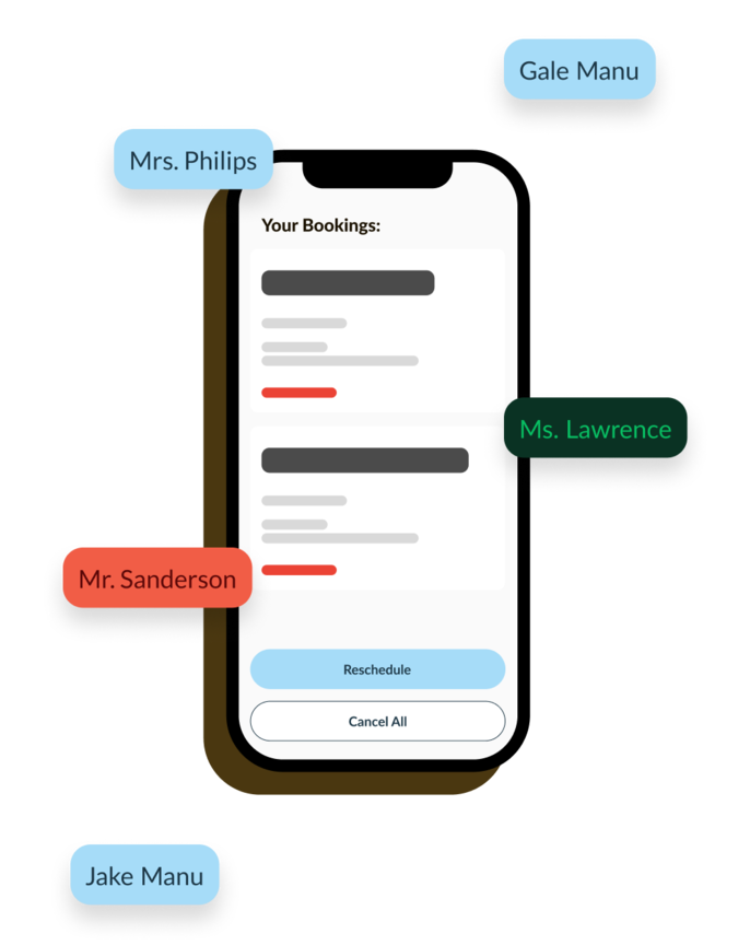 the mobile view for bookit with teacher names in bubbles around it